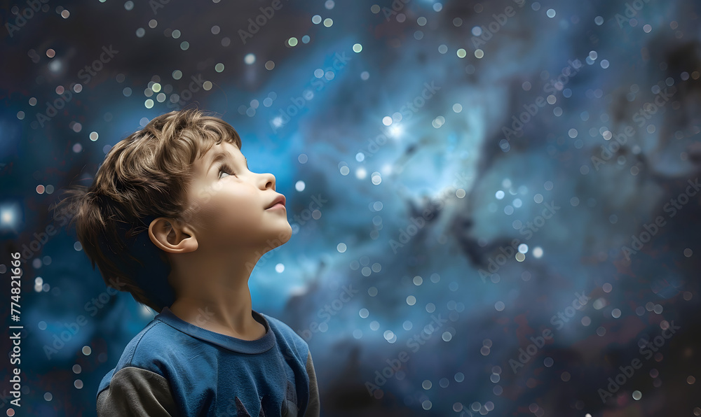 A young boy is looking at the sparkling night sky, Generative AI