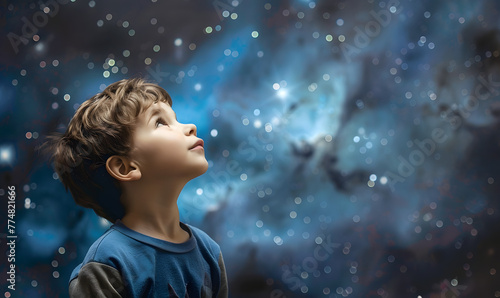 A young boy is looking at the sparkling night sky  Generative AI