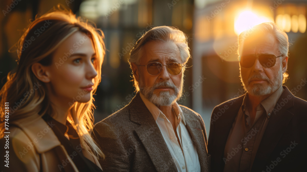 Business rich people communicate outside at sunset. Business rich people communicate outside at sunset.