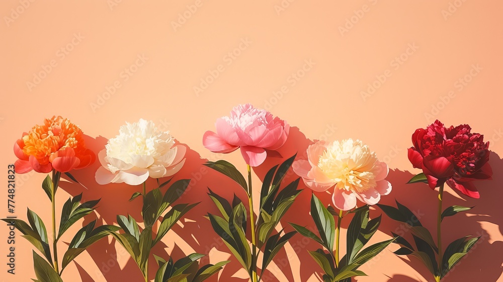 Beautiful peonies on a peach fuzz color background