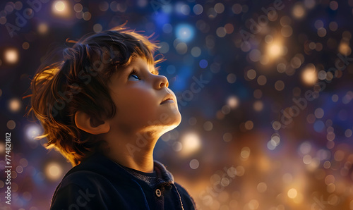 A young boy is looking at the sparkling night sky, Generative AI photo