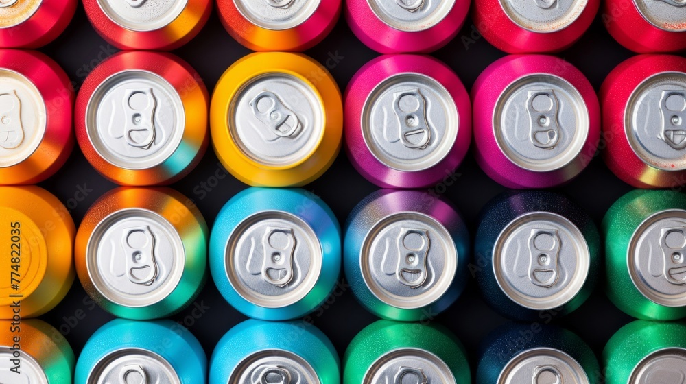 A group of colorful aluminum cans of beverage, top view. A group of colorful aluminum cans of beverage, top view.