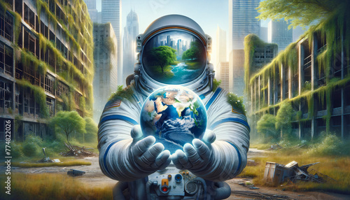 Unity for Earth: Astronaut Holding Globe, Deserted City Reclaimed by Nature