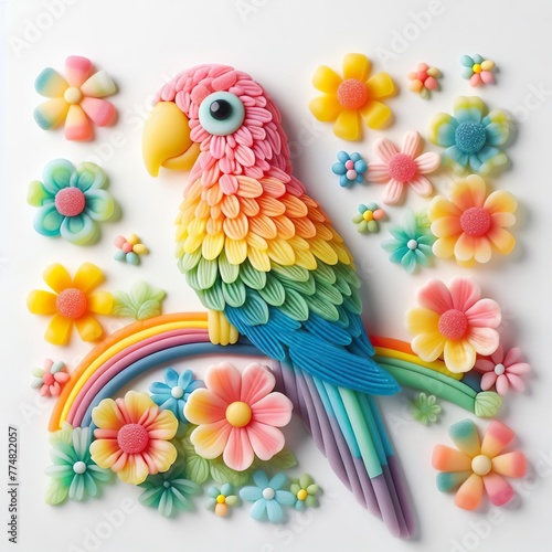 a parrot and flowers made of pastel color rainbow gummy candy on a white background