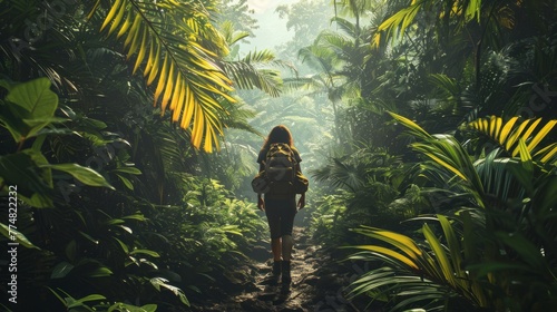 Travel cocept, explorer trekking through a jungle