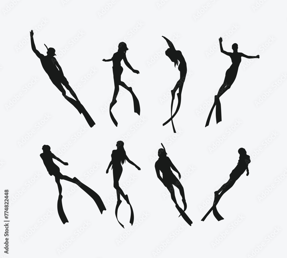 Vector set silhouette of Snorkeling, free diving. Swimming, extreme sport concept. Isolated background. Vector illustration. Vector set silhouette of Snorkeling, free diving. Swimming, extreme sport concept. Isolated background. Vector illustration.