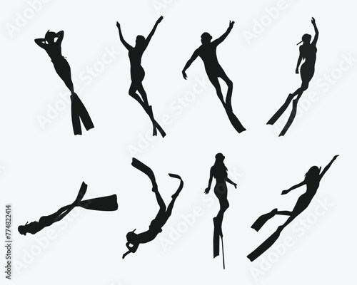 Vector set silhouette of Snorkeling, free diving. Swimming, extreme sport concept. Isolated background. Vector illustration. photo