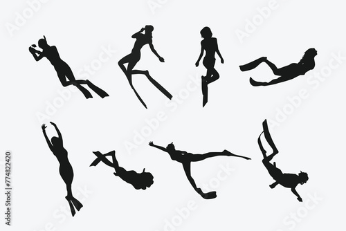 Vector set silhouette of Snorkeling, free diving. Swimming, extreme sport concept. Isolated background. Vector illustration.