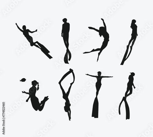 Vector set silhouette of Snorkeling  free diving. Swimming  extreme sport concept. Isolated background. Vector illustration.