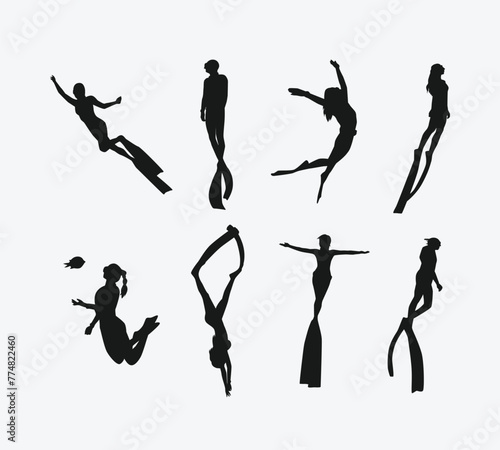 Vector set silhouette of Snorkeling, free diving. Swimming, extreme sport concept. Isolated background. Vector illustration.