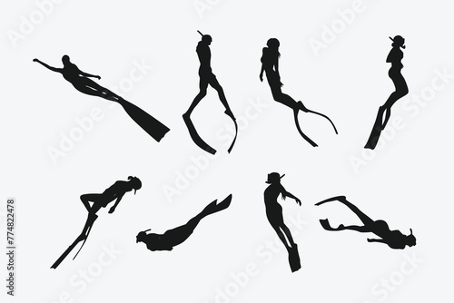 Vector set silhouette of Snorkeling, free diving. Swimming, extreme sport concept. Isolated background. Vector illustration.
