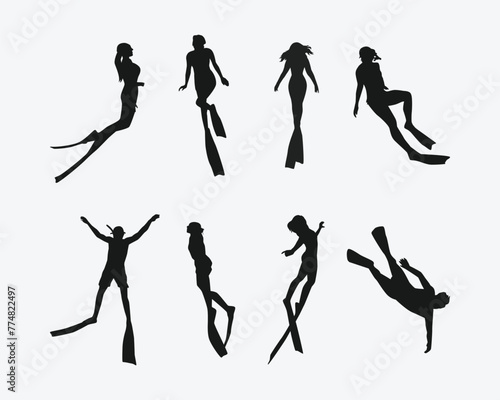 Vector set silhouette of Snorkeling, free diving. Swimming, extreme sport concept. Isolated background. Vector illustration.