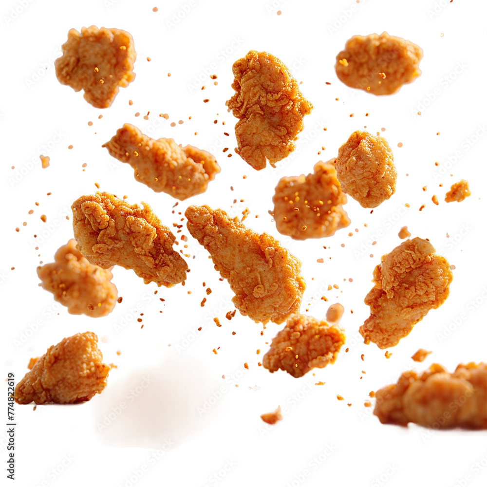 Fried chicken nuggets with crumbs falling.
Fried chicken nuggets with crumbs falling.