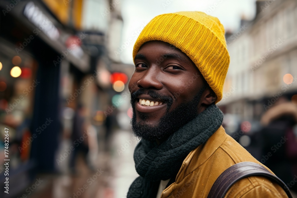 Close up portrait of a smiling african american man wearing yellow hat and scarf walking in the city. Close up portrait of a smiling african american man wearing yellow hat and scarf walking in the city.
