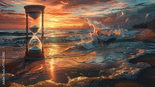 An hourglass stands alone on a quiet beach at sunset, with gentle waves.