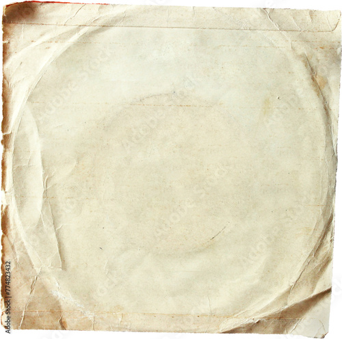 Old paper packaging for a vinyl record with stains, spills and scratches