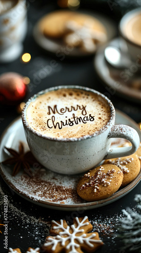 Festive Merry Christmas message written on frothy coffee in a white cup, surrounded by seasonal decorations and snowflake cookies on a dark table setting