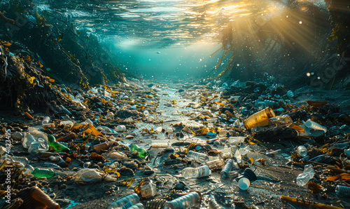 Underwater view of ocean pollution with plastic waste and discarded trash affecting marine life, highlighting the environmental issue of water contamination © Bartek