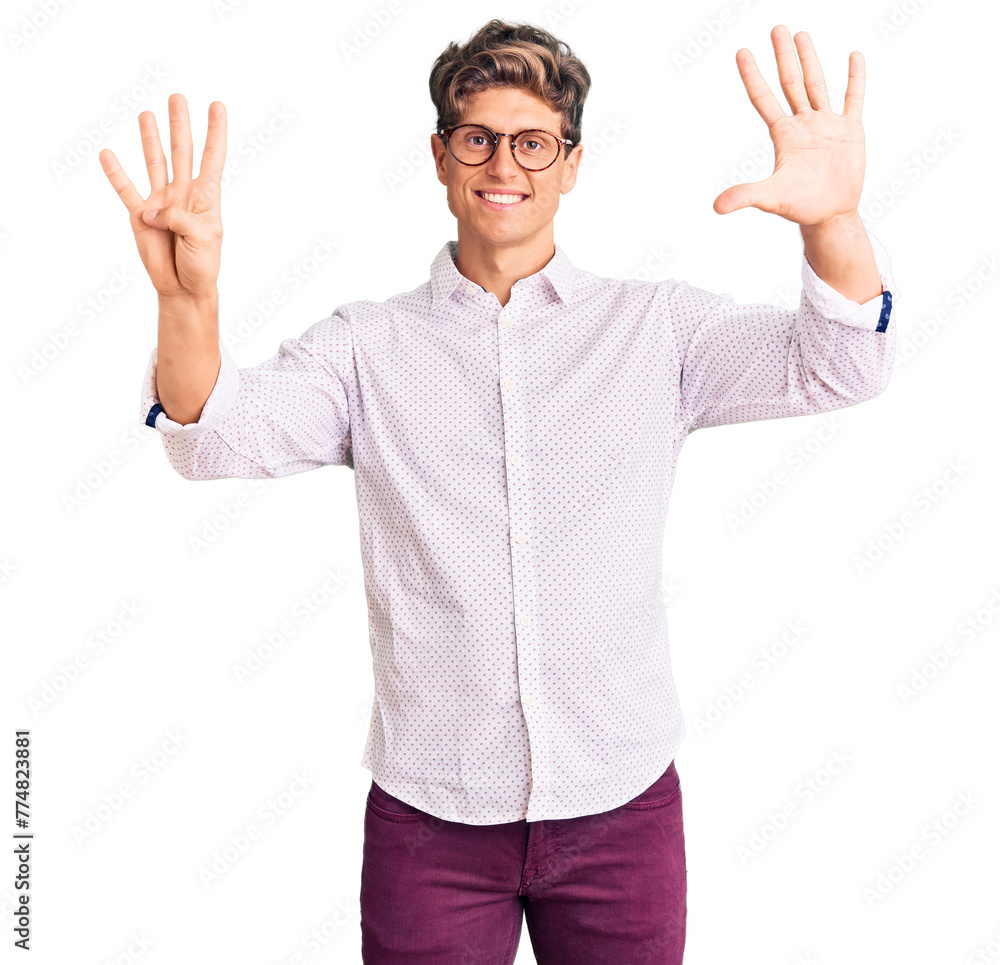 Young handsome man wearing business clothes and glasses showing and pointing up with fingers number nine while smiling confident and happy. Young handsome man wearing business clothes and glasses showing and pointing up with fingers number nine while smiling confident and happy.