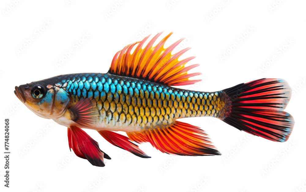 A vibrant red and blue fish gracefully swimming on a clean, white background A vibrant red and blue fish gracefully swimming on a clean, white background