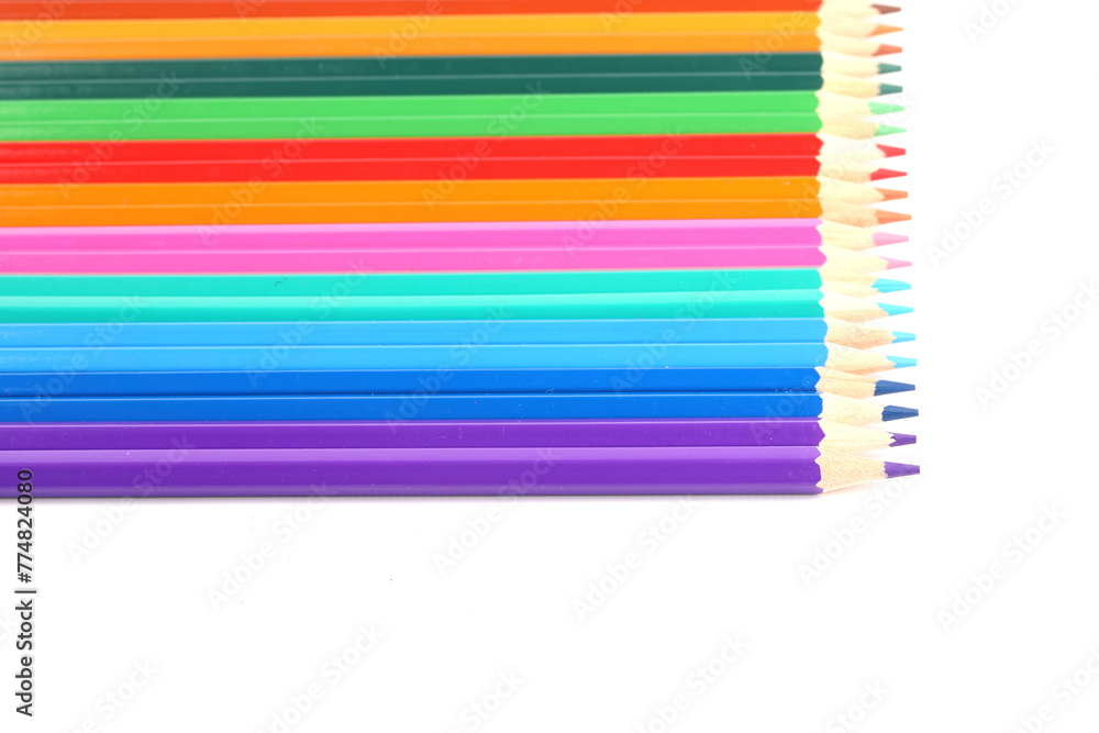 A close-up of colorful crayons isolated on a white background
A close-up of colorful crayons isolated on a white background