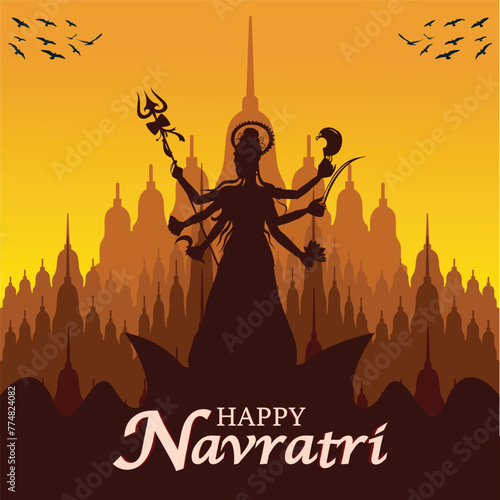 Vector happy navratri festival celebration poster design goddess durga maa silhouette vector illustration