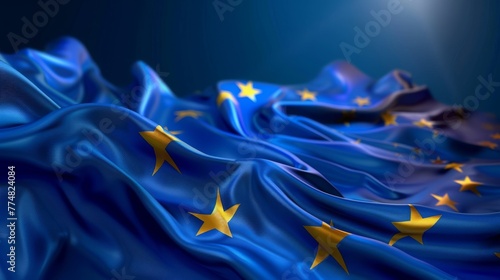 Waving flag of European Union. Circle of stars on a dark blue background. photo