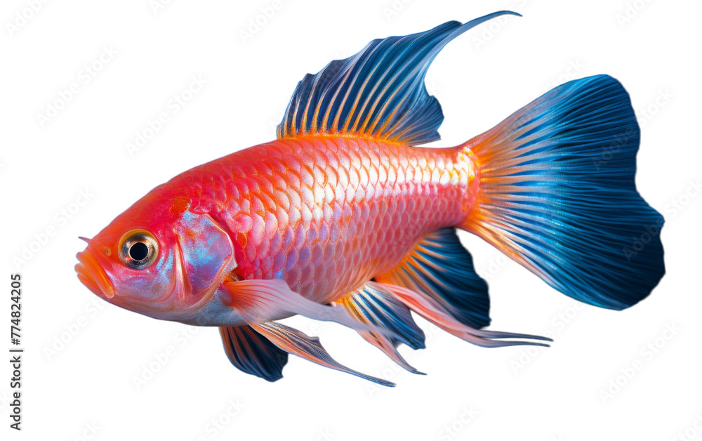 A vibrant red and blue fish swimming gracefully against a pristine white backdrop