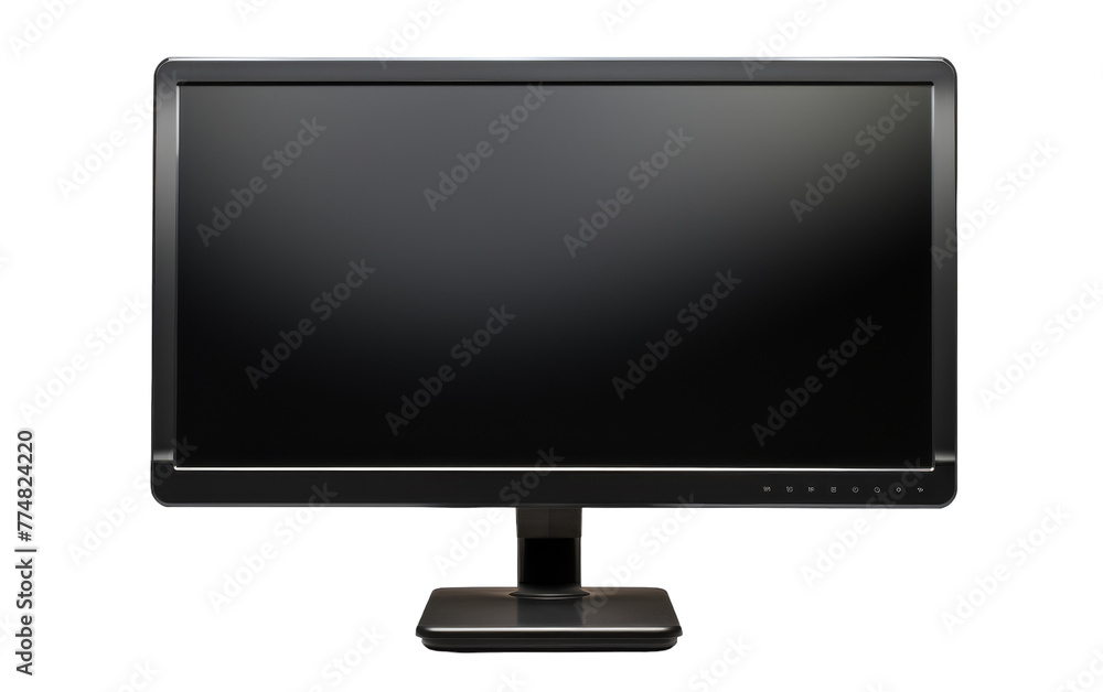A sleek black computer monitor contrasts against a clean white background A sleek black computer monitor contrasts against a clean white background