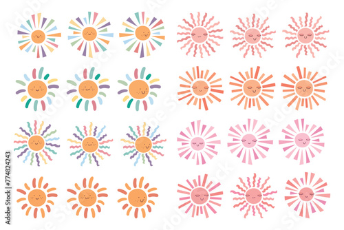 Collection of cute hand drawn smiling suns in different shapes and colors. For baby shower cards and invitations, nursery and kids room decoration, print. Vector illustration