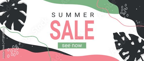 Summer sale banner. Sale template with abstract shapes and tropical leaves. Sale and discounts concept. Vector illustration.