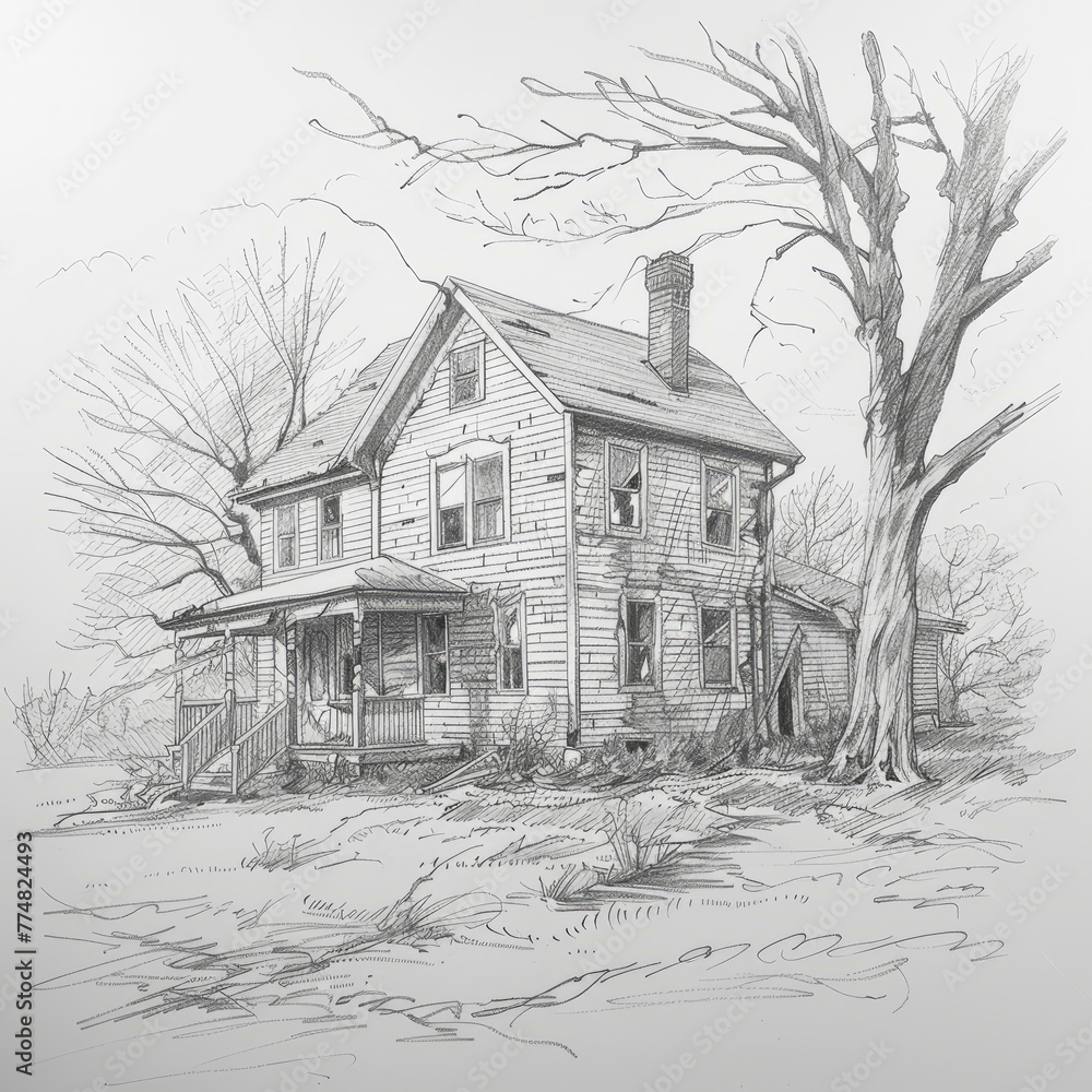 Pencil drawing of a haunted house 