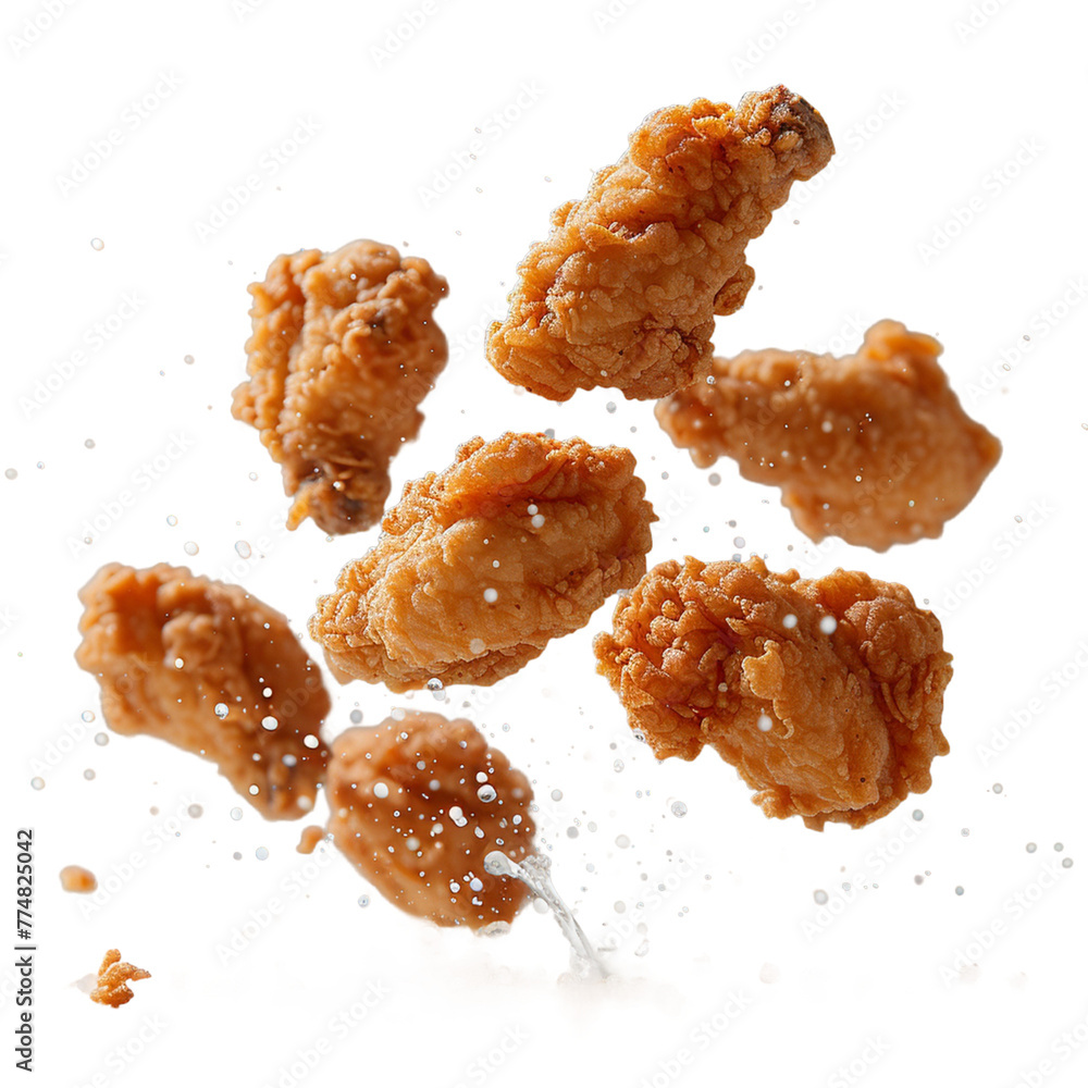 Fried chicken nuggets with crumbs falling.
Fried chicken nuggets with crumbs falling.