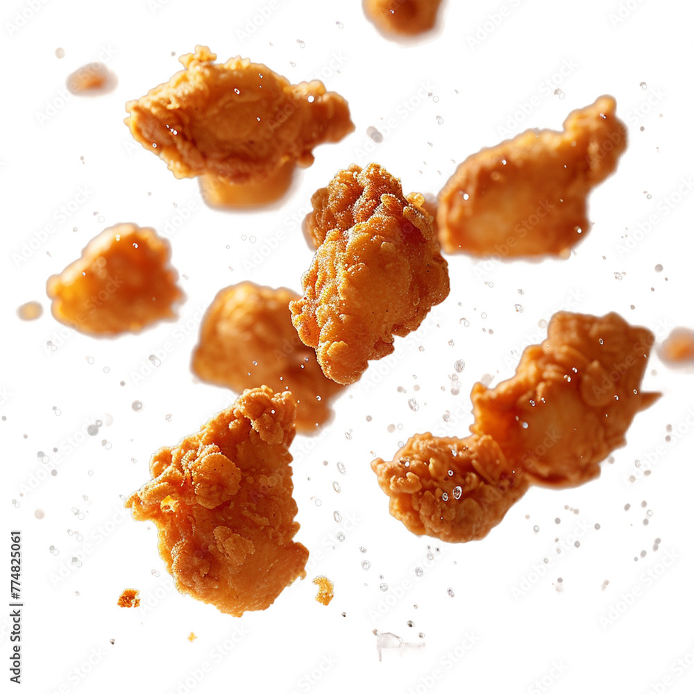 Fried chicken nuggets with crumbs falling.
Fried chicken nuggets with crumbs falling.