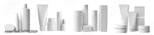Collection set of group pile white blank cosmetic skincare container tube packaging dispenser bottle on transparent background cutout, PNG file. Many different design Mockup template for artwork