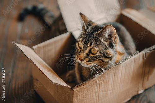 Cute tabby cat hiding in cardboard box on floor at home. Generative AI