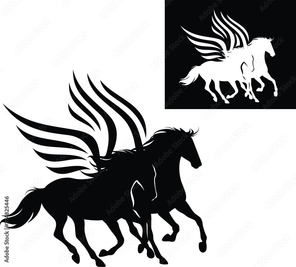 pair of fairy tale pegasus horses running fast - winged stallions rushing forward black and white vector design