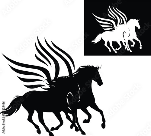 Fototapeta Naklejka Na Ścianę i Meble -  pair of fairy tale pegasus horses running fast - winged stallions rushing forward black and white vector design