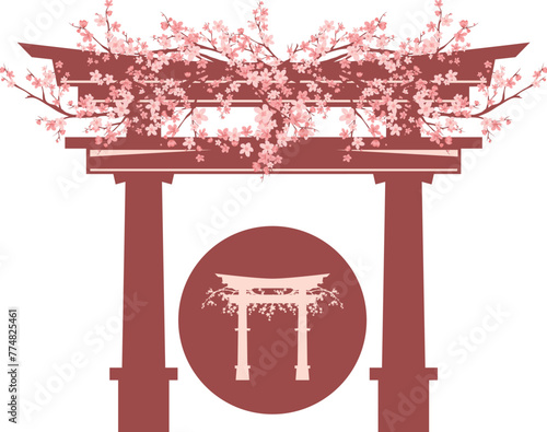 ancient japanese torii gate entrance to shinto shrine with blooming cherry tree branches - spring season sakura hanami vector design set