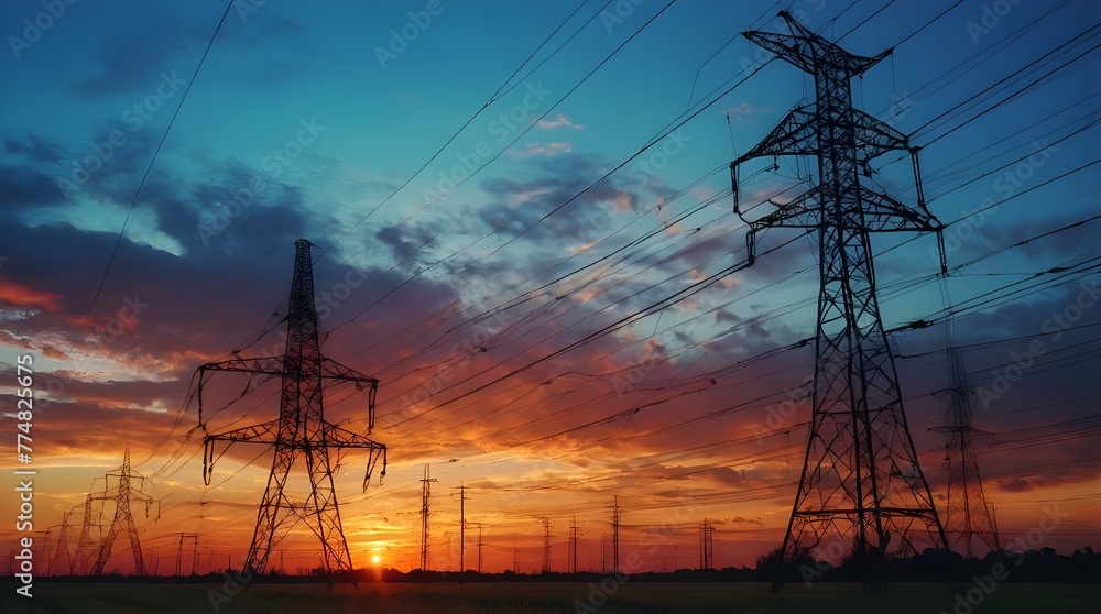 Electric Power Lines at Sunset - Energy Infrastructure - Vibrant Sky - Technological Grid - Generative AI