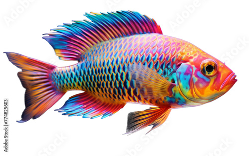A vibrant, colorful fish swimming gracefully against a stark white background