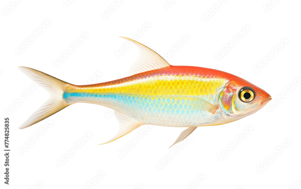 Fototapeta premium A yellow and red fish swimming gracefully against a clean white background