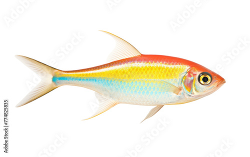 A yellow and red fish swimming gracefully against a clean white background