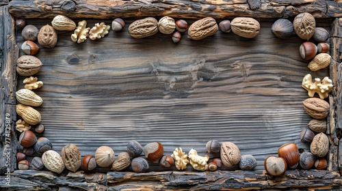 Assorted Nuts in Shell on Rustic Wooden Background. Generative AI
