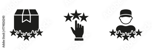 Client Feedback Silhouette Icon Set. Five Stars Delivery Service Symbol Collection. Customer Satisfaction Glyph Pictogram. Best User Experience In Online Shopping Sign. Isolated Vector Illustration