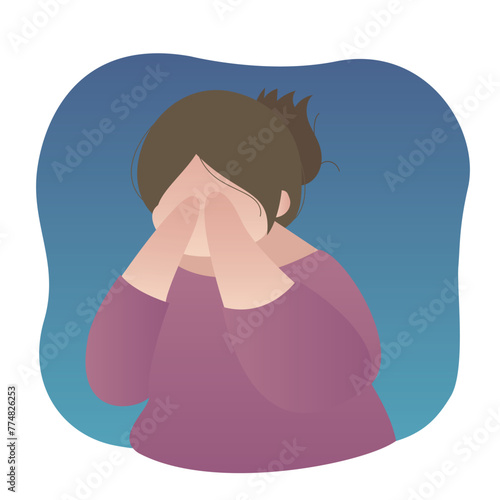 Desperate lonely depressed mental illness fat over-weight woman crying hand on her face vector.