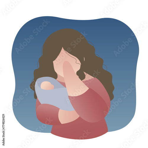 Desperate lonely depressed mental illness mother blue woman wife crying hand on her face with a baby in her arm vector.