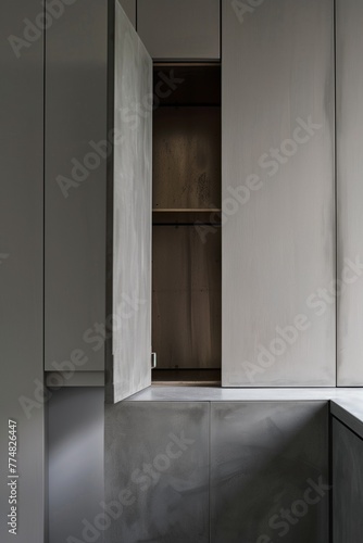 A gray cabinet door with an open window on the side, a minimalist modern interior design style, a slightly angled view of the inside wall