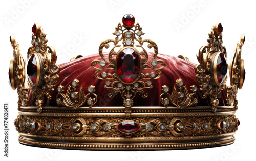 A majestic gold crown adorned with a vibrant red stone on top