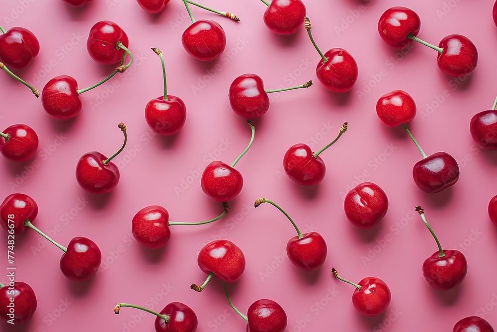 Pattern of ripe cherries on pink background Pattern of ripe cherries on pink background